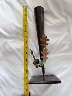 Metal Vase With Oak Leaf & Acorn Design Rustic Brown Finish 11" Tall Square Base